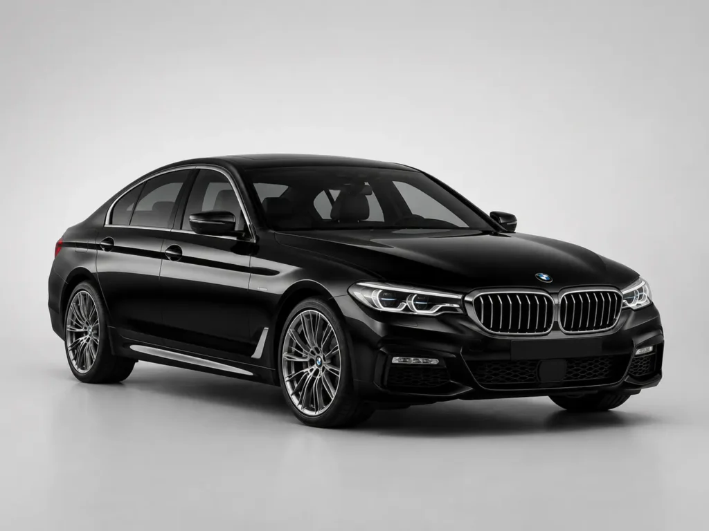 Black BMW luxury sedan on a plain studio background