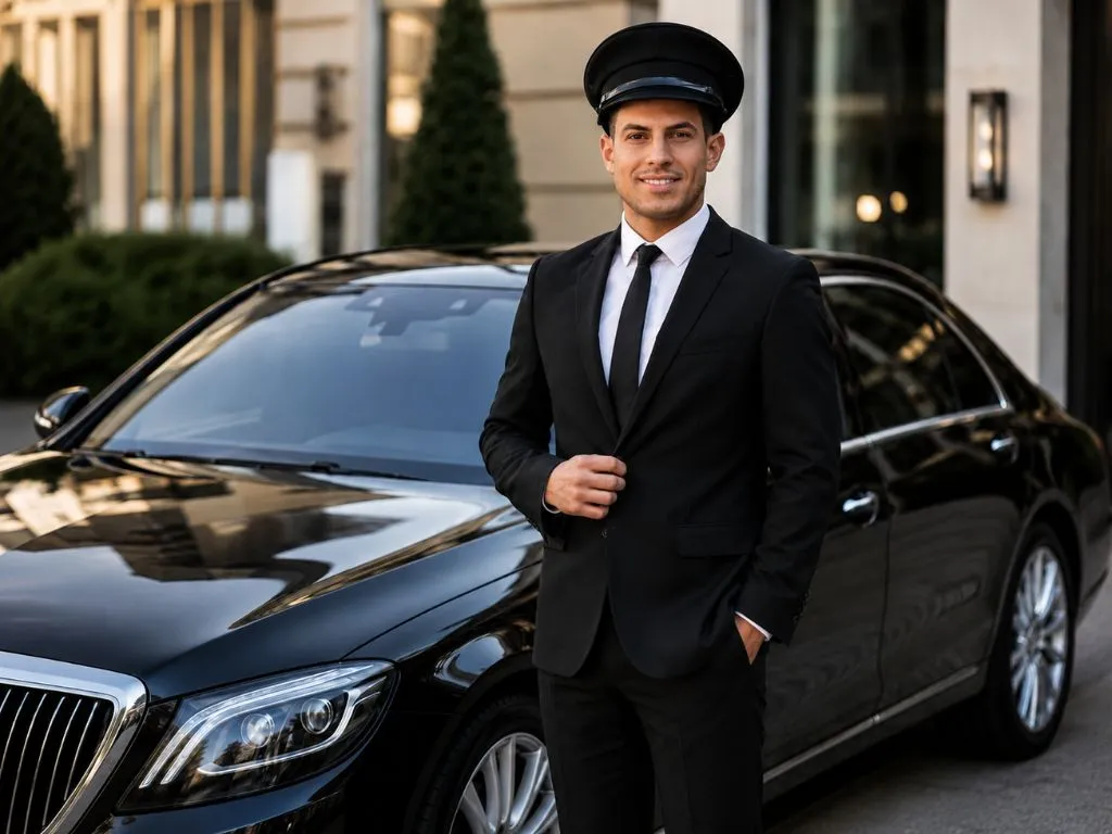 Professional chauffeur in a suit and cap standing beside a black luxury car