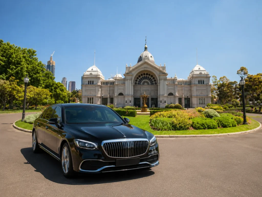Black luxury Mercedes parked in front of the Royal Exhibition Building in Melbourne