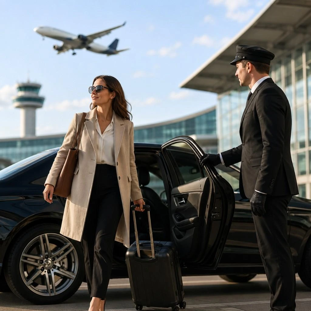 Chauffeur opening the car door for a traveller with luggage as a plane flies overhead at the airport