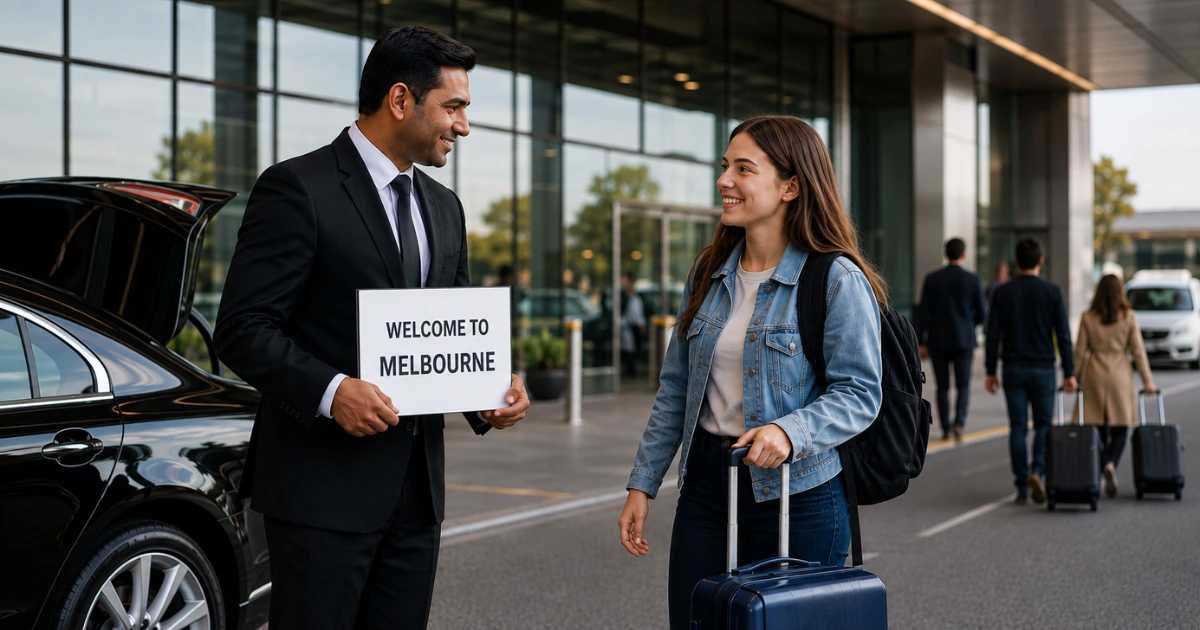 International student greeted by a professional chauffeur holding a welcome sign at Melbourne Airport