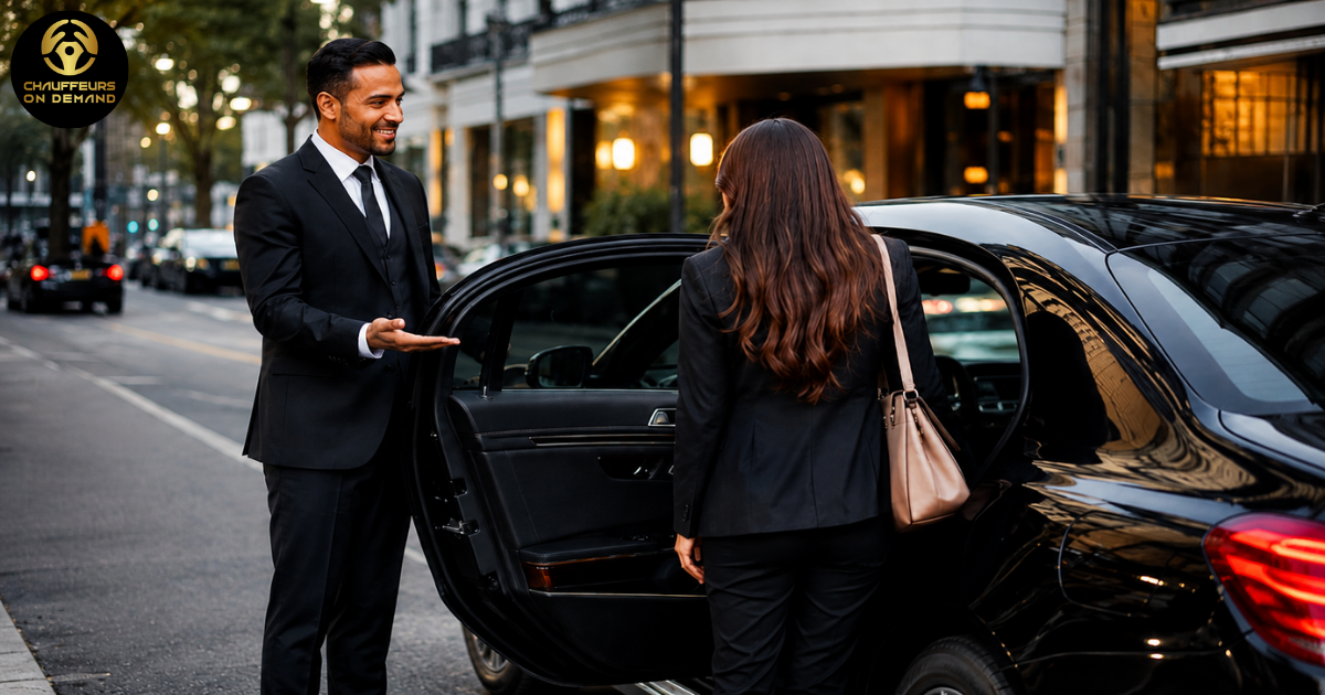 Chauffeur opening a luxury sedan door for a passenger.