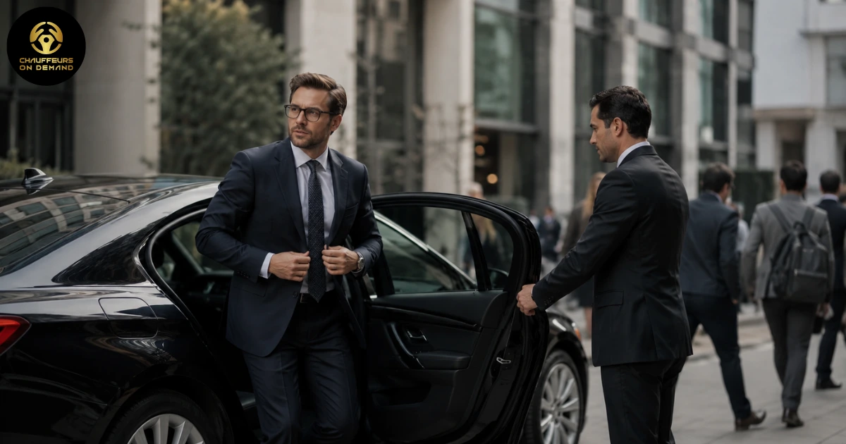 Chauffeur holding a luxury car door open for a composed business professional