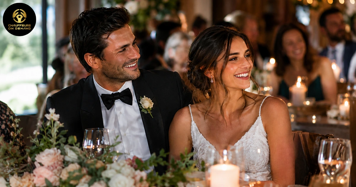 Bride and groom smiling at their elegant candlelit Australian wedding reception with floral table styling