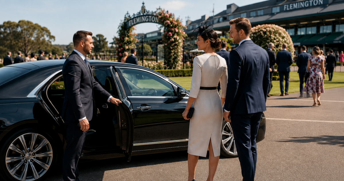 Chauffeur opening a luxury car door for a well-dressed couple arriving at Flemington for the Melbourne Cup