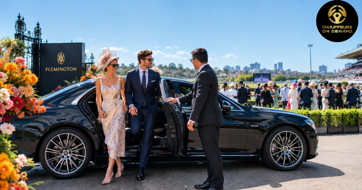 Melbourne Cup chauffeur car and driver at Flemington Racecourse entrance