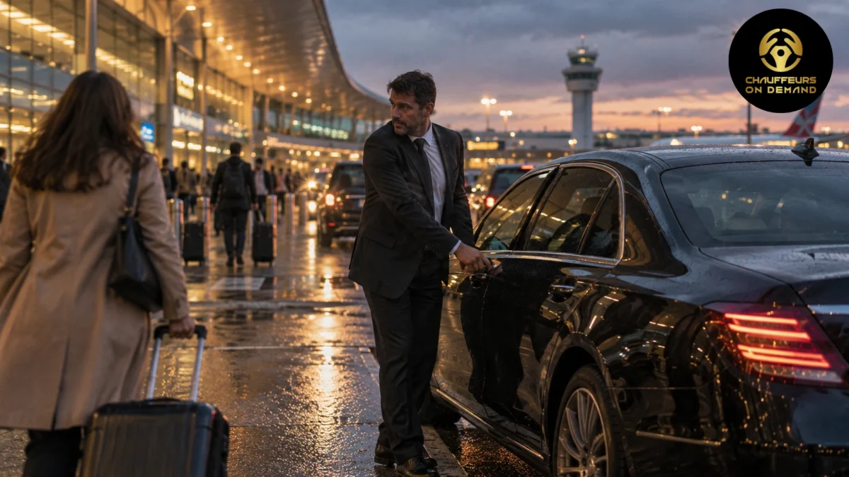 Chauffeur opening the door of a black sedan outside Melbourne Airport terminal at dusk
